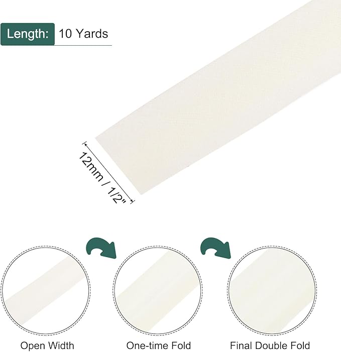 MECCANIXITY 1/2 Inch Double Fold Bias Tape Polyester Continuous Bulk Bias Tape for Sewing,Seaming Quilting Hemming Binding Crafts (Beige White 10 Yards)
