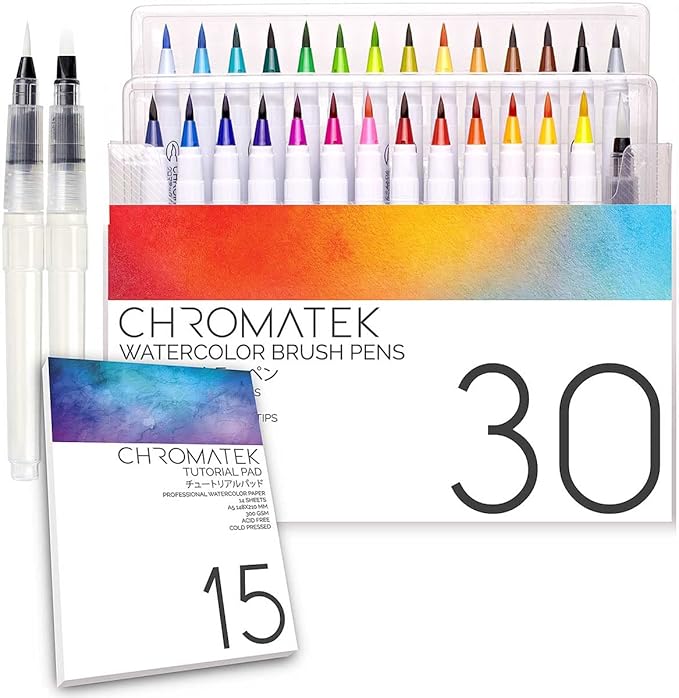 CHROMATEK 30 Watercolor Brush Pens | 15 Page Tutorial Pad & Online Video Series | Brush Tips | Vivid, Blendable Professional Artist Quality | 27 Colors | 3 Aquapens | Complete Water Color Painting Set