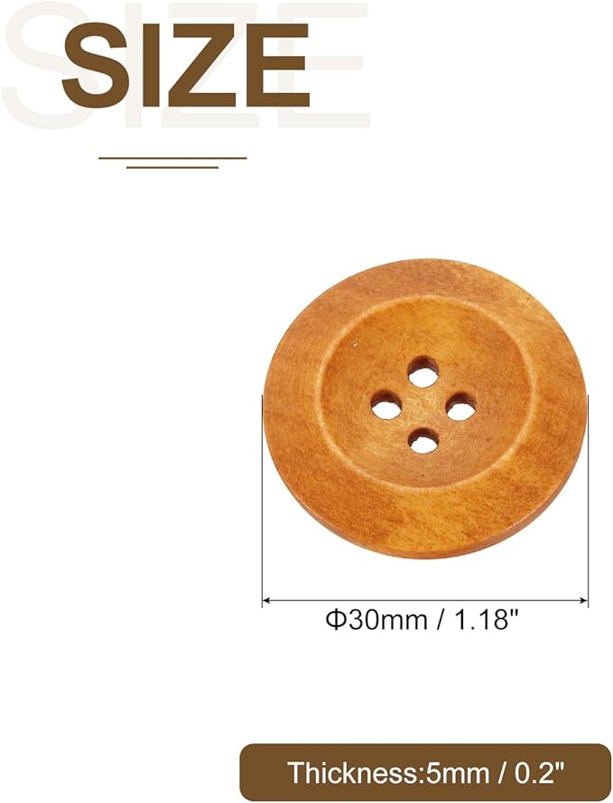 uxcell 100Pcs Wooden Buttons, 30mm(1 3/16") 4 Hole Round Wood Sewing Button Craft for Sewing DIY Craft Clothing, Light Brown