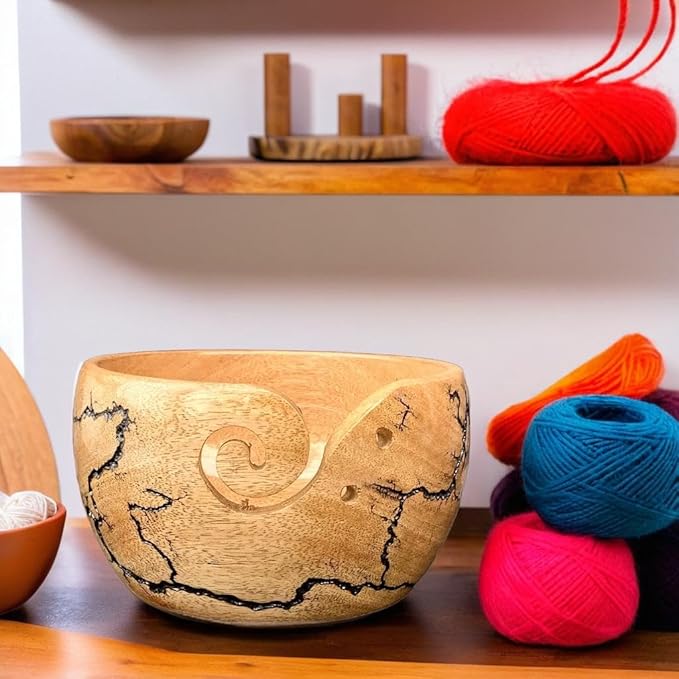Prime Art Wooden Yarn Bowl for Crochet and Knitting - Large Bowl (Black)