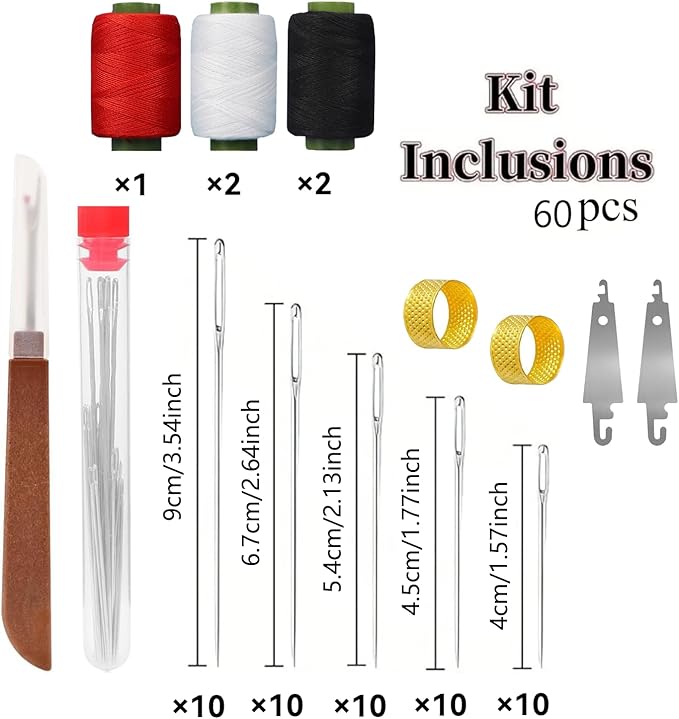 60Pcs Big Eye Stainless Steel Sewing Needles Kit, Stainless Steel Needles for Hand Sewing, with Threaders, Thimbles & Seam Ripper, Travel Sewing Kit for Adults Beginners, Quilting Embroidery Supplies
