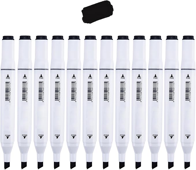 12Pcs Alcohol Markers Pure Color Series,Dual Tip Art Solid Color Markers Set for Adults Beginner Drawing Sketching(Black)