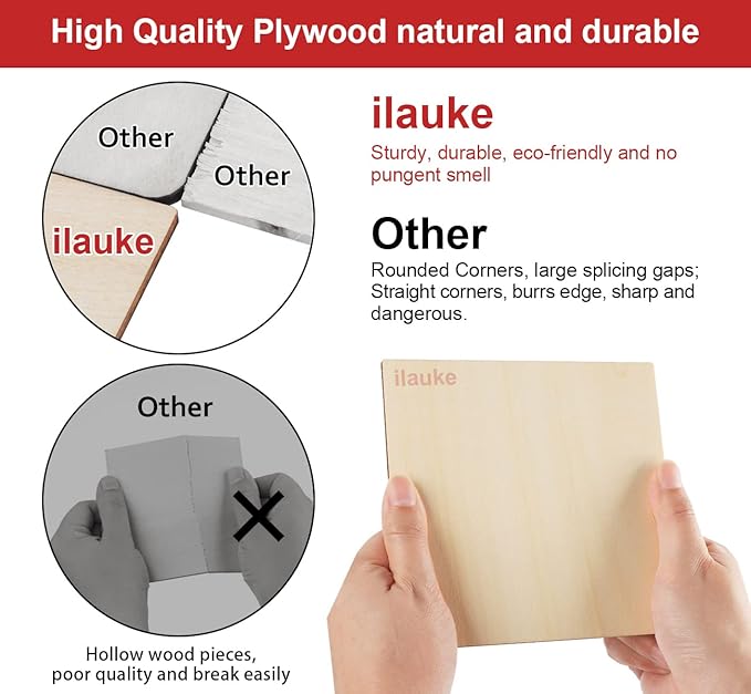 ilauke 50Pcs Basswood Sheets 1/8 Wood Square 4x4 Blank Balsa Wood Sheet for Crafts, Thin Unfinished Wood Squares for Wood Burning Painting Staining Wood Engraving Laser Projects Wood Craft Supplies