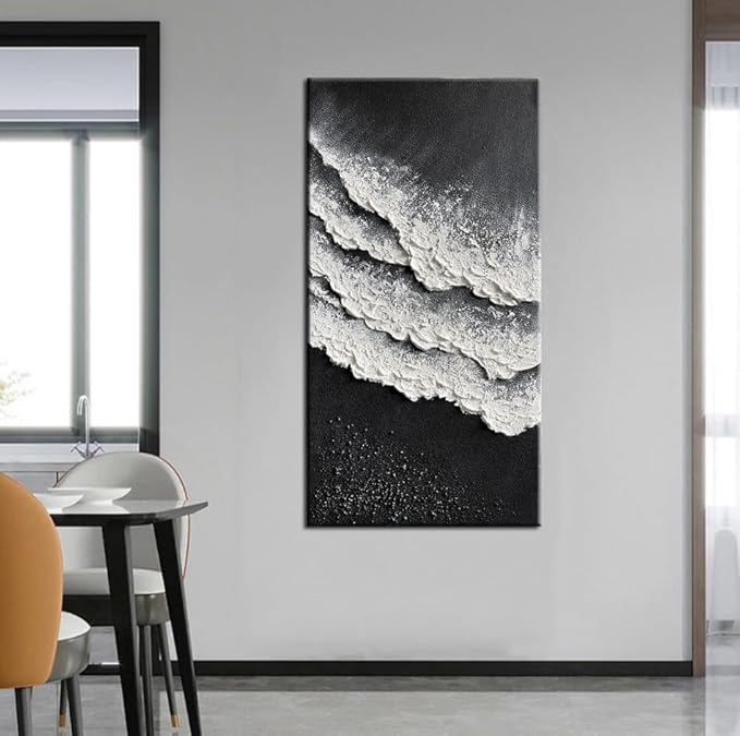 YaSheng Art - Oil Painting on Canvas Texture Black and White Ocean scenery sandbeach 3D Oil Painting Hand-Painted Abstract Artwork Paintings Modern Home Decor Living room sofa bedroom dining room hanging pictures Canvas Wall Art 24x48inch