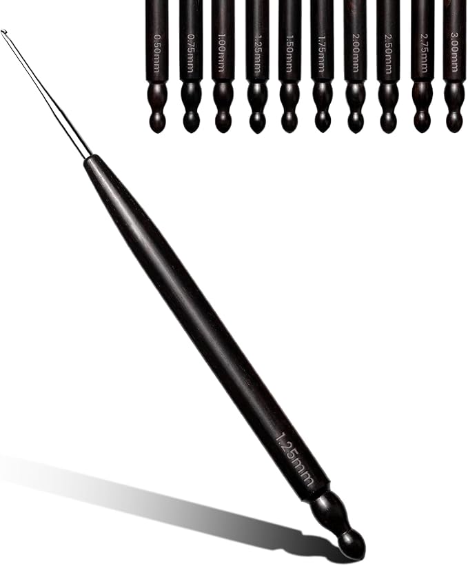 Hssugi Crochet Hooks, 1.25mm Small Crochet Hooks for Arthritic Hands with Wooden Handle, Ergonomic Lace Crochet Needles for Thread Embroidery DIY Lace
