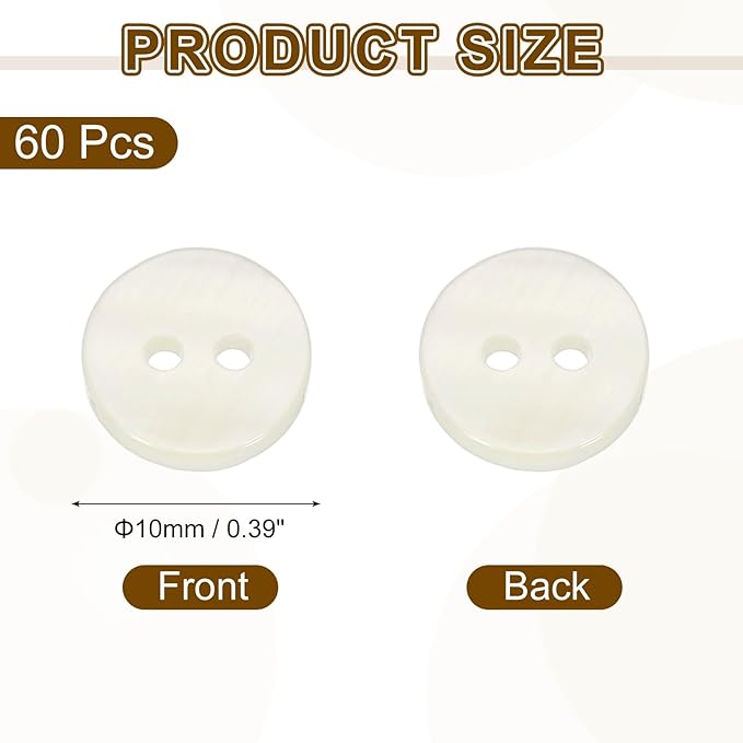 uxcell 60Pcs Natural Shell Buttons, 10mm 2-Hole Round Shell Craft Sewing Button, Decorative Accessories for Coats, Shirts, Clothing DIY Projects, White