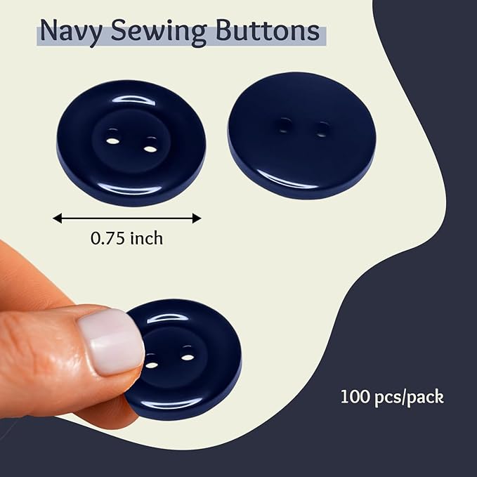 3/4" Navy 100 Pcs Sewing Buttons 2 Hole Dark Blue 0.75 Plastic Buttons Polished 30L Glossy Finish Round Uniform Buttons for Sewing Jacket Work Uniforms Workwear School Chef Pants Jacket Bags Craft DIY