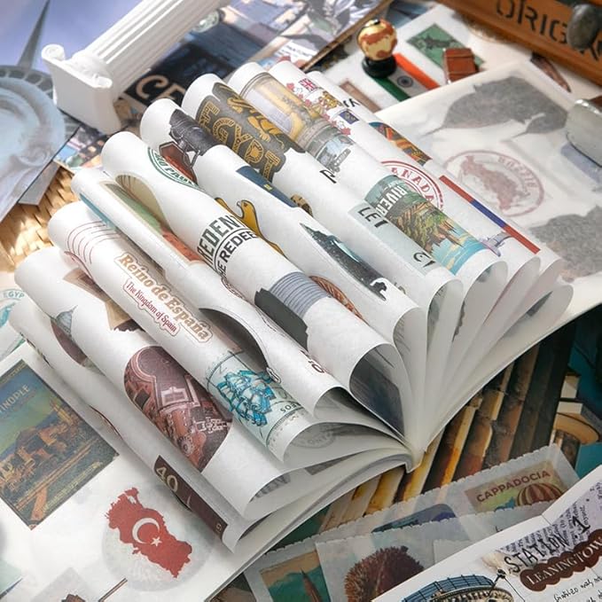 Vintage Aesthetic Washi Stickers and Papers for Scrapbooking, 50 Sheets Ephemera Book for Art Journaling with Retro Global Travel Theme Stickers and Decoupage Papers for Junk Journal