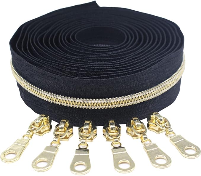 MebuZip #5 Gold Metallic Nylon Coil Zippers by The Yard Bulk Coil Zipper Roll 10 Yards with 25pcs Pulls for DIY Sewing Craft Bags (Black)