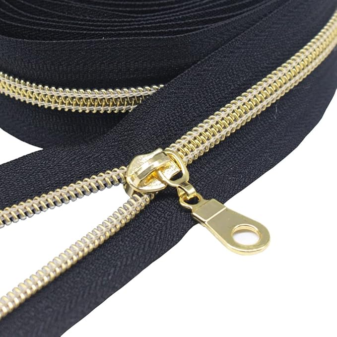 MebuZip #5 Gold Metallic Nylon Coil Zippers by The Yard Bulk Coil Zipper Roll 10 Yards with 25pcs Pulls for DIY Sewing Craft Bags (Black)