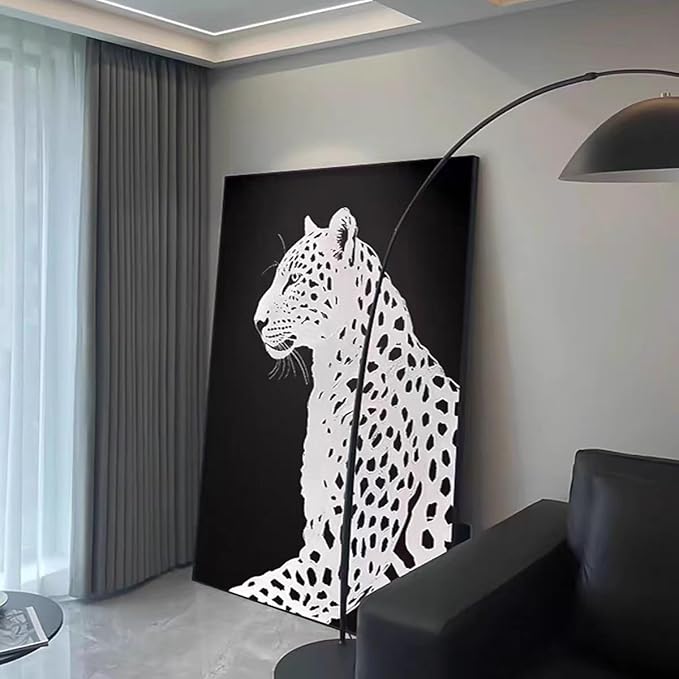Modern Black and White Leopard Wall Art Canvas, Large Contemporary Wildlife Home Decor, 24x36 inches