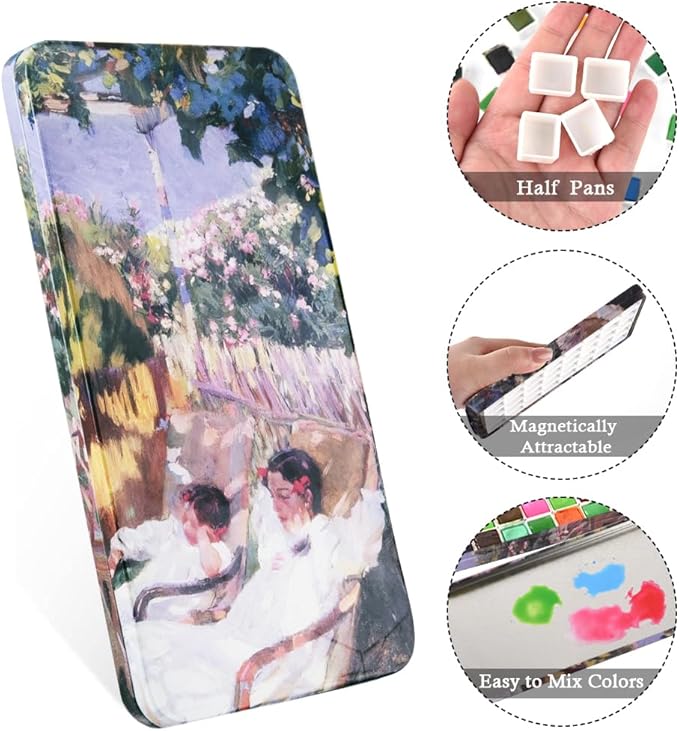 Portable Watercolor Tins Paint Palette with 40Pcs Empty Half Pans and Magnetic Squares, Small Travel Metal Paint Box with Acrylics Painting Art Drawing.Garden