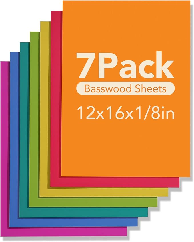ROBOTIME 7-Pack Double-Sided Colored 1/8" Plywood Sheets - 12 x 16 x 1/8 Inch - Roller-Coated Solid Color 3mm Craft Wood Sheets for Laser Cutting - Assorted Colors - WB125