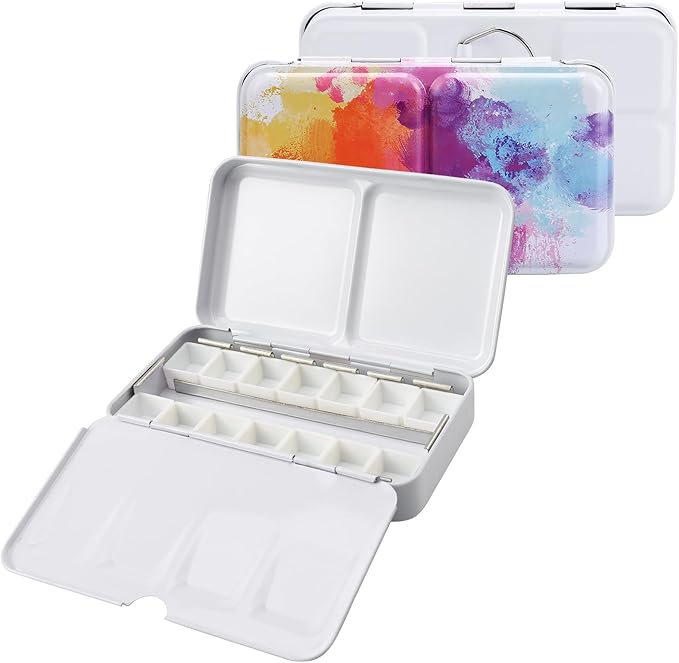 Watercolor Palette Empty with 14PCS Watercolor Half Pans - Sturdy Empty Watercolor Palette Tin - Watercolor tin for Gouache, Watercolor and Acrylic Painting