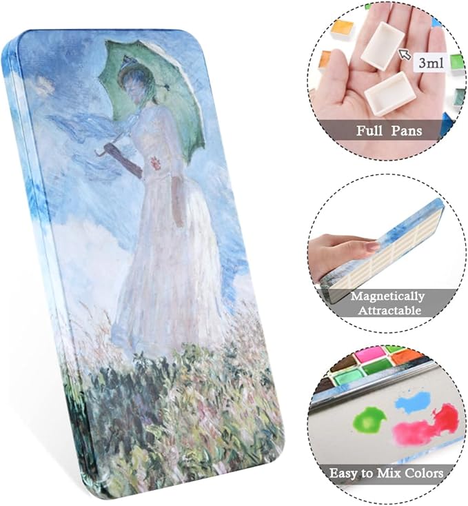 Portable Watercolor Paint Palette with Tins, Lightweight Empty Full Pans with Magnetic Squares, Metal Paint Tray Palettes for Travel, Acrylics Painting and Art, 20Full Pans,Monet