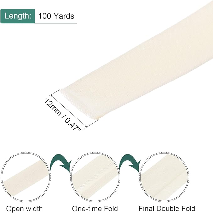 MECCANIXITY 1/2 Inch Double Fold Bias Tape Polyester Continuous Bulk Bias Tape for Sewing, Seaming Quilting Hemming Binding Crafts (Beige 100 Yards)