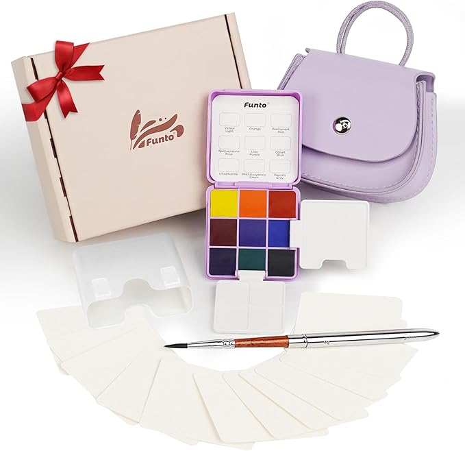 Funto Mini Watercolor Set Travel Kit with 9 Colors, Leather Bag & Watercolor Paper, Portable Drawing & Painting Supplies for Beginners, Art Gift Set