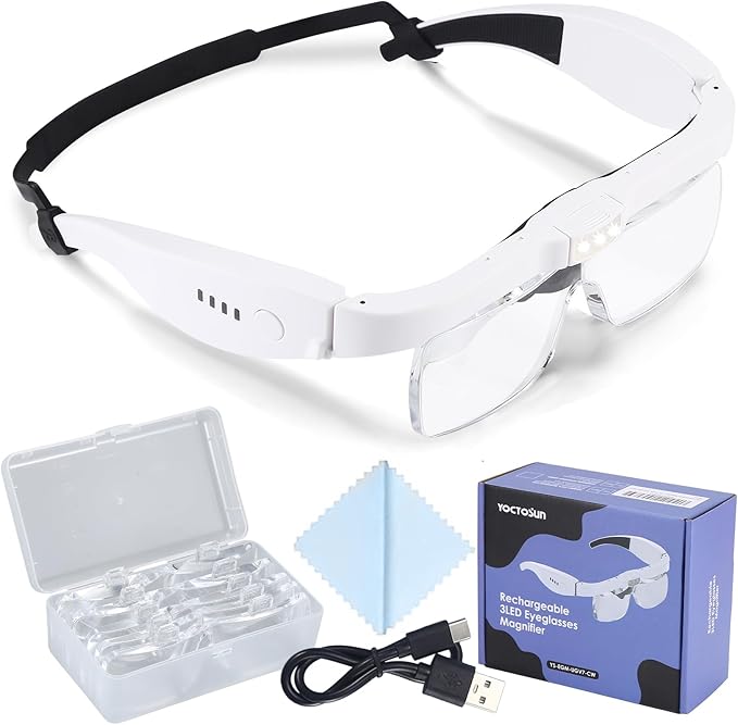 YOCTOSUN Magnifying Glass with Light, 0.75X-4.0X Magnifying Glasses, Head Magnifier Glasses with 3 LED Lights and 5 Lenses, Rechargeable Hands Free Headset Magnifier for Close Work Crafts Jewelry