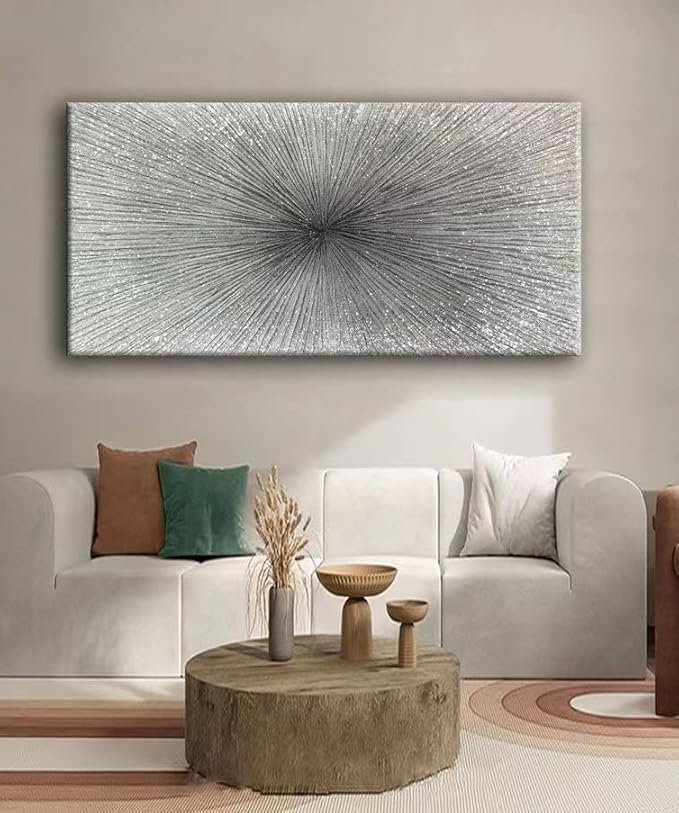 YaSheng Art - 24x48 Inch Abstract Art Oil Paintings on Canvas Thick silver Abstract Artwork Modern Home Decor Canvas Wall Art 24x48inch