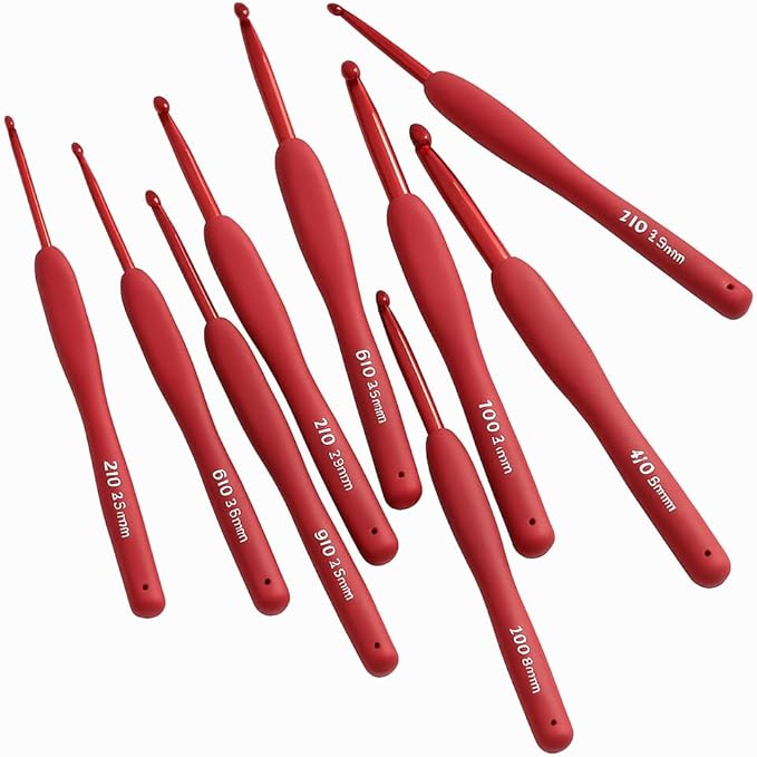 Crafts by KFRod - Ergonomic Crochet Hooks Set, Crochet Kit for Beginners, Ergonomic Anti Slippery Rubber Handle Knitting Needles (Set of 9 - Red)