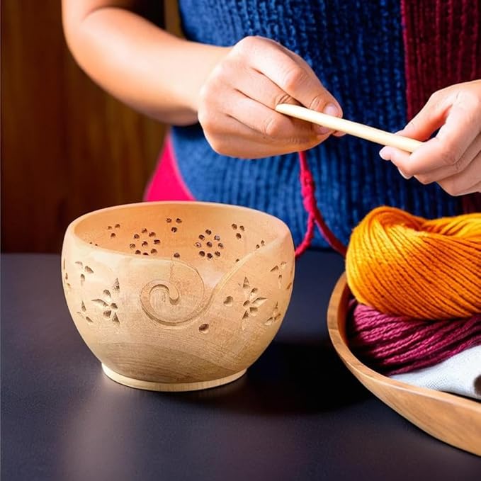 Prime Art Wooden Yarn Bowl Yarn Bowl for Crochet Yarn Bowl for Knitting Yarn Bowl for Crochet Large Yarn Bowl (Mangowood)