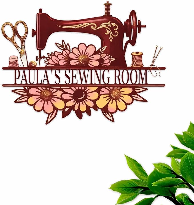 Custom Sewing Machine Metal Sign with Name, Personalized Sewing Room Quilting Studios Craft Space Decor, Customized Mother's Day Birthday Gifts for Quilters Women Mom Grandma Wife