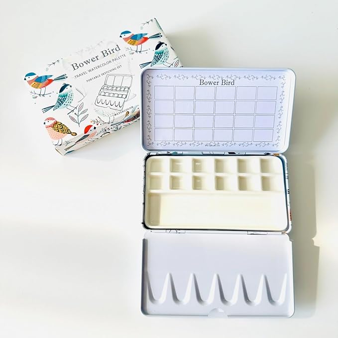 Bower Bird Travel Watercolor Palette,Portable Ceramic Palette,Empty Paint Palette,Small Travel Metal Paint Boxwith Porcelain Palette