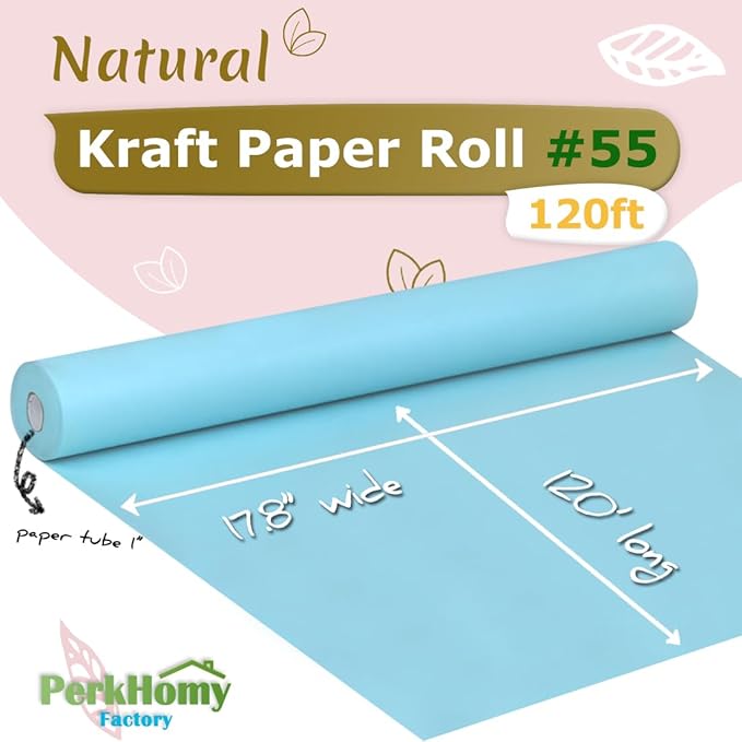 PerkHomy 17.8" x 1,440" (120') Light Blue Kraft Paper Roll for Craft Bulletin Board Paper Art Table Covering Crafting Gift Wrapping Bouquet Packing Parcel 80GSM 55LB (Light Blue, 17.8" x 120')