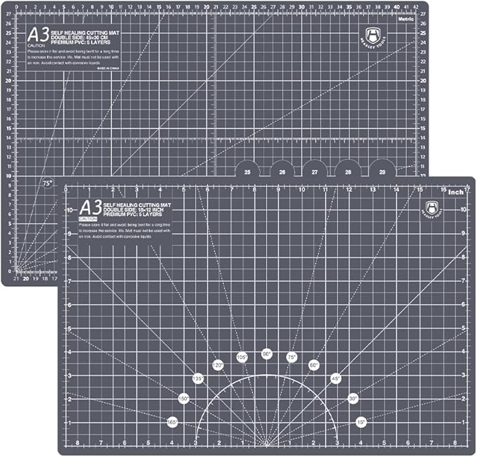 Headley Tools 18"x12" Thickened Self Healing Cutting Mat, A3 Rotary Cutting Sewing Mat for Crafts, Double Sided 5-Ply Table Cutting Board for Fabric Quilting Leather Arts Hobby Project, Grey