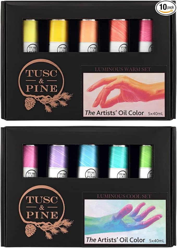 Tusc & Pine Artist Oil Paint - Warm & Cool Luminous Set of 10 Assorted Colors, 40 ml each, Non-Yellowing, Rich & Creamy Consistency, Maximum Pigment Load, Small Batch Milled Oil Paints Made in the USA