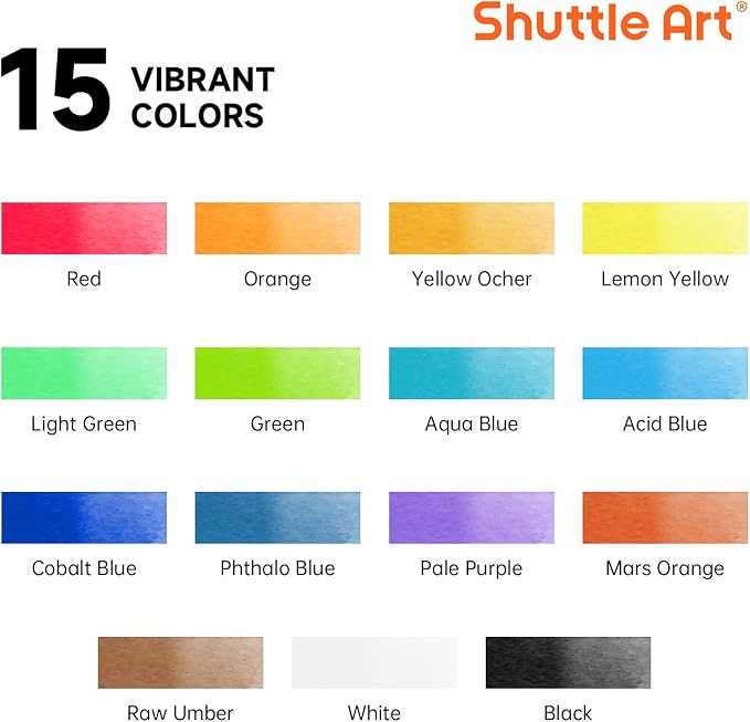 Shuttle Art Watercolor Paint Set, 15 Colors Watercolor Paint in Tubes (12ml Each) with 3 Brushes, Rich Pigments, Easy to Blend, Perfect for Kids, Artists, Beginners, Students