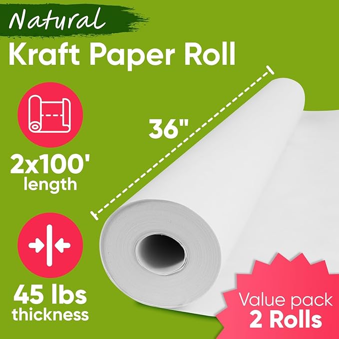 36" x 1200" (100 ft) White Kraft Paper Roll (Value Pack of 2), 45 lbs Thickness, Made in USA Colored Craft Paper for School, Bulletin Board - Odorless, Non-Toxic, Safe for Kids