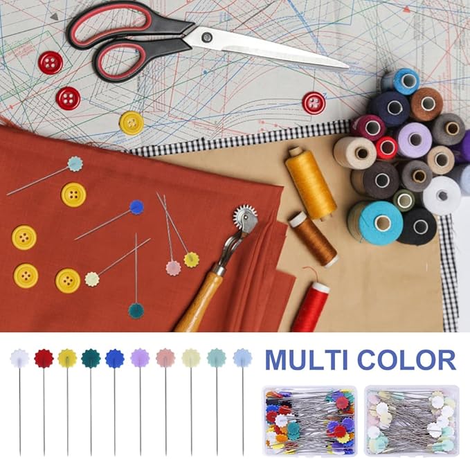 200Pcs Sewing Pins,Flat Head Steel Wire Straight Pins,Flower Head Sewing Pins for Fabric,2 inch Long Quilting Pins with Storage Box,for Sewing DIY Projects Dressmaker Jewelry Decor