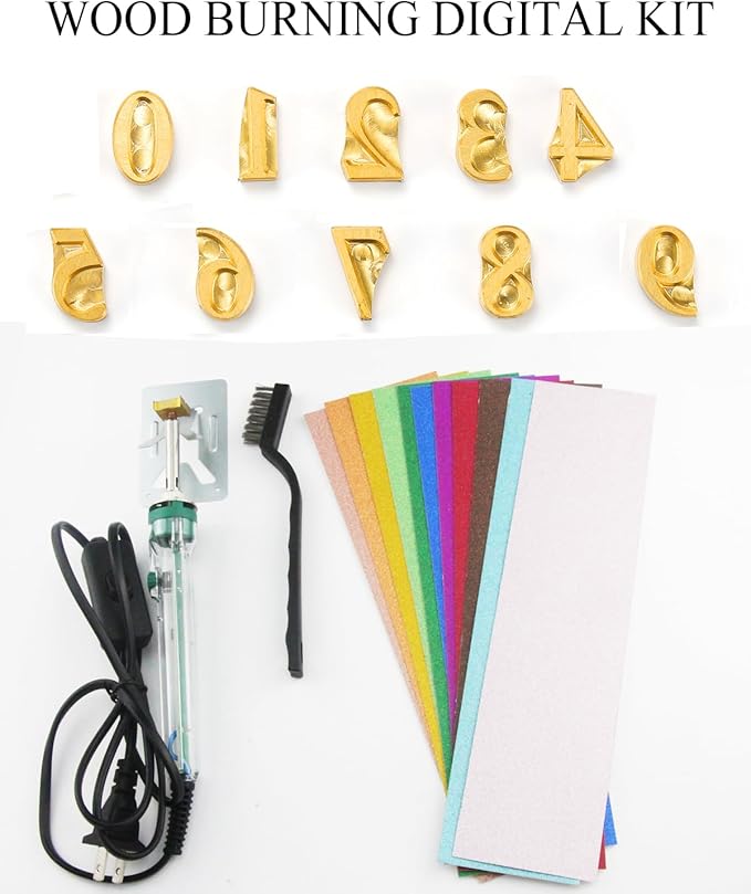 5/8" 10Pcs Wood Burning Letter Kit, Wood Burning Numbers for Wood Branding Leather Crafting, DIY Gifts for Christmas Wedding Birthday Beginners, with 80W Electric Branding Iron (Brass Numbers 0-9)