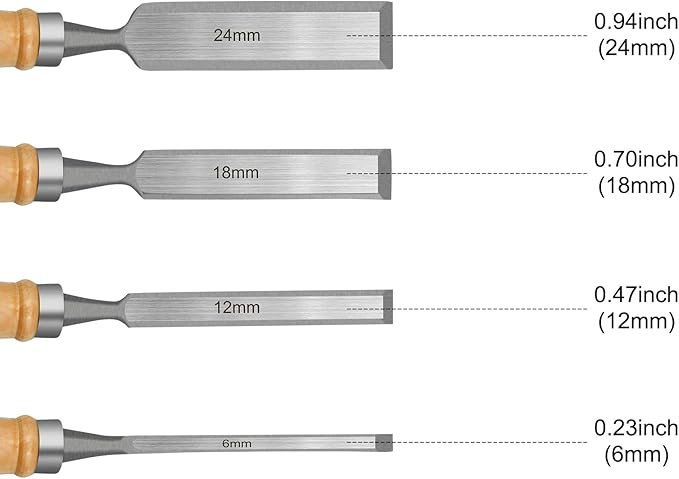 Wood Chisel Set for Woodworking, 4 pcs CR-V Steel Chisel Set for DIY with Wood Handle, Carpenter Woodworking Tools