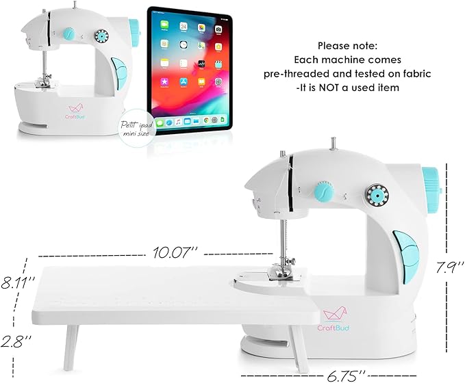 CraftBud Mini Sewing Machine for Beginners, Dual Speed Small Portable Sewing Machine for Kids and Adults with Extension Table, 48 Piece Gift Set Includes, Pedal, Projects Book, Light and More, White