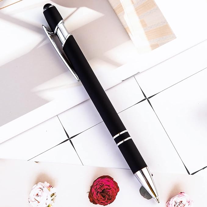 PASISIBICK 12-Piece Black Ballpoint Pen with Stylus Tip, 2 in 1 Stylish Metal Touch Screen Pen - Black Ink, 1.0 mm Medium Point - 5.5 x 0.4 inch / 14 x 1 cm
