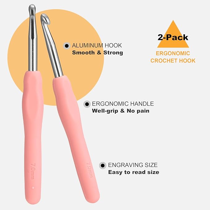 2Pcs 7.0mm Crochet Hooks, Ergonomic Crochet Hook for Arthritis and Beginners, Extra Long, Smooth, Comfortable (7.0mm)