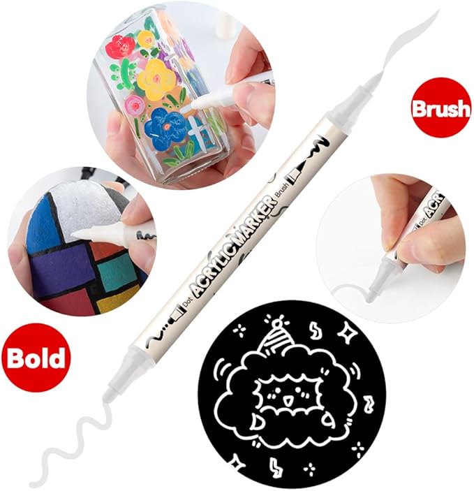 TRANSON 8 Pack White Brush and Bold Dual-tip Acrylic Paint Marker for DIY Glass Canvas Wood Leather Ceramic Rock Painting