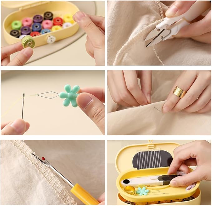 Portable Sewing Kit with 16 Color Thread Spools, Magnetic Needle Box, Scissors, Thimble, Complete Tools for Basic Repairs, Card Slot Design