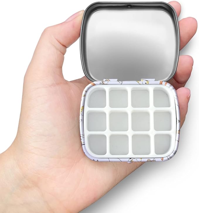 Portable Mini Tin Box,12-Well Empty Watercolor Palette,Small Paint Storage Travel Artist Outdoor Sketch Watercolor Kits with Magnetic Clip and Oil Pot .Lying Cat