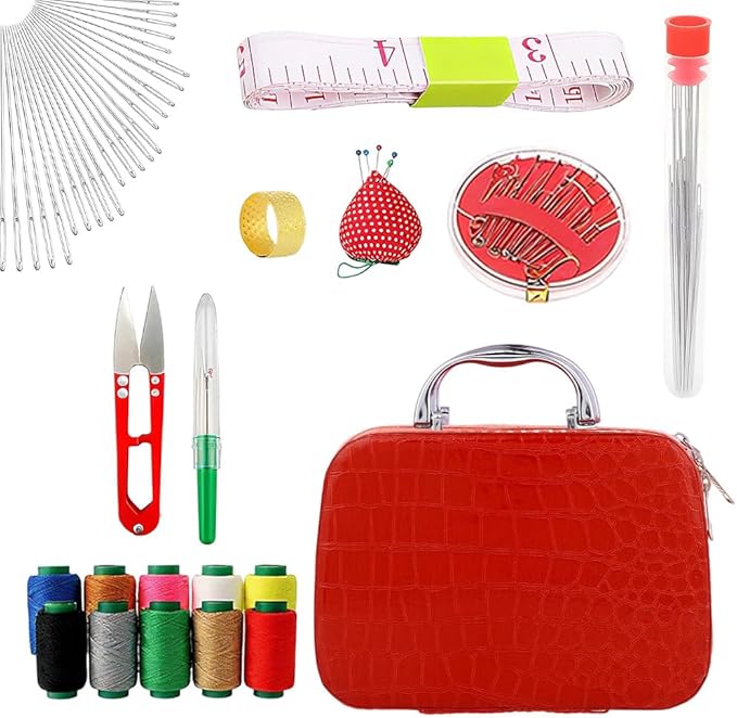 2025 New Big Eye Steel Needles Set, Sewing Kit Storage Box DIY Embroidery Crafting Kit Tool, Upgrade Needle Thread Hand Steel Sewing Needles Kit Fix Anything Anytime Portable (Red)