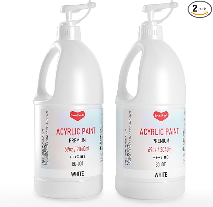 2 Pack White Acrylic Paint Large Bottle (69oz /2040ml) Rich Pigment White Paint for Multi Surface Canvas Wood Ceramic Leather Fabric Rock Craft, Non Toxic for Kid & Adult, with Pump & Sealing Cap