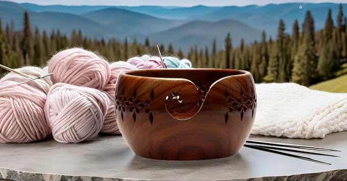 Wooden Large Yarn Bowl (7x4) – Yarn Holder for Crocheting & Knitting – Crochet Bowl with Carved Holes – Yarn Ball Storage Christmas Gift for Women