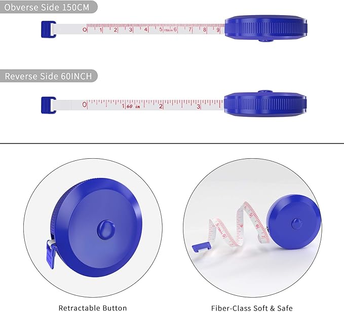 DiCUNO 60-Inch 1.5 Meter Soft and Retractable Tape Body Tailor Sewing Craft Cloth Dieting Measuring Tape (3 Pcs of Blue with Soft tape)