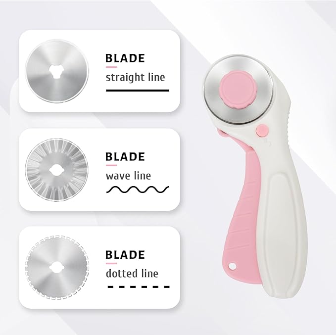 MANUFORE Left-Handed Sewing Tool Kit -8.5in Lefty Fabric Scissors, 4.5in Thread Trimmers, Rotary Cutter with 3 Replacement Blades - Pink Set for Quilters, Crafters, and DIY Projects