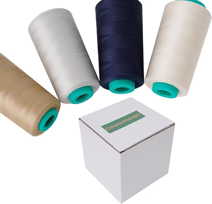 4 Pack of Serger Threads Cones Spools, All-Purpose Sewing Thread Polyester, 4 Cones of 3000 Yards Each Spool,Cone Thread for Sewing Machine,140S/2 (Khaki,Navy Blue,Light Gray,Beige)