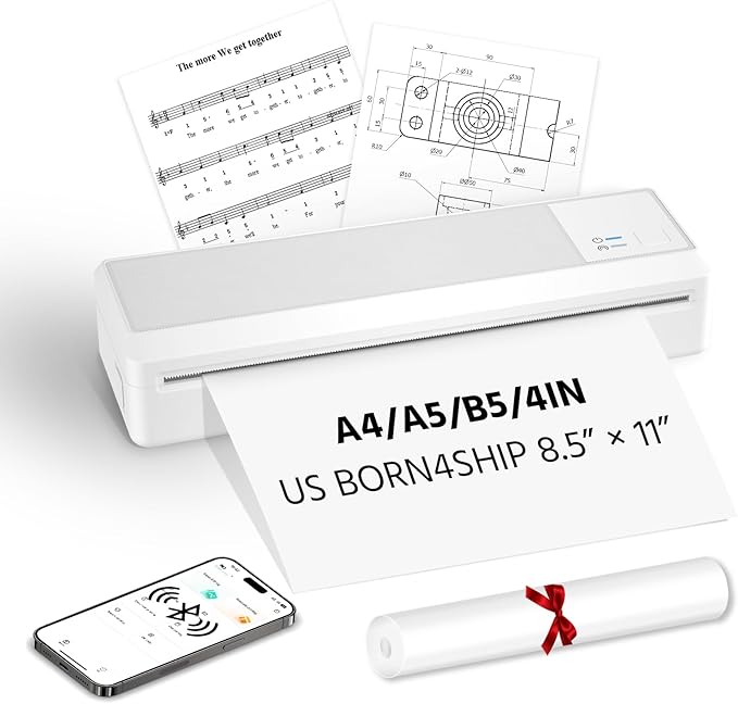 A4 Wireless Thermal Printer, Portable Bluetooth Printer, Support Multi-Size Thermal Paper, Compatible with Android and iOS Phone & PC, 300DPI Inkless Printer for Travel, Office, School
