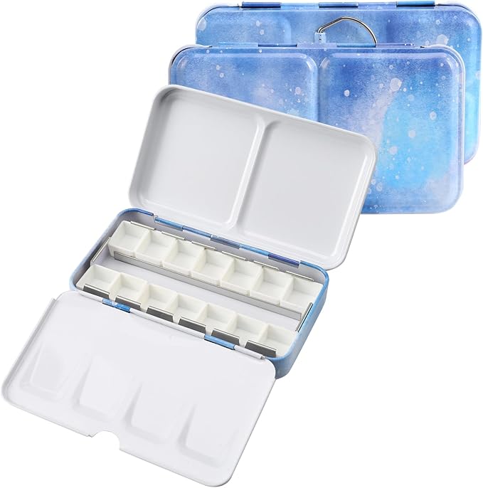 Empty Watercolor Palette Tin - Sturdy Watercolor Tin with Paint Tray and 14PCS Empty Watercolor Half Pans - Customizable Portable Metal Watercolor Tin