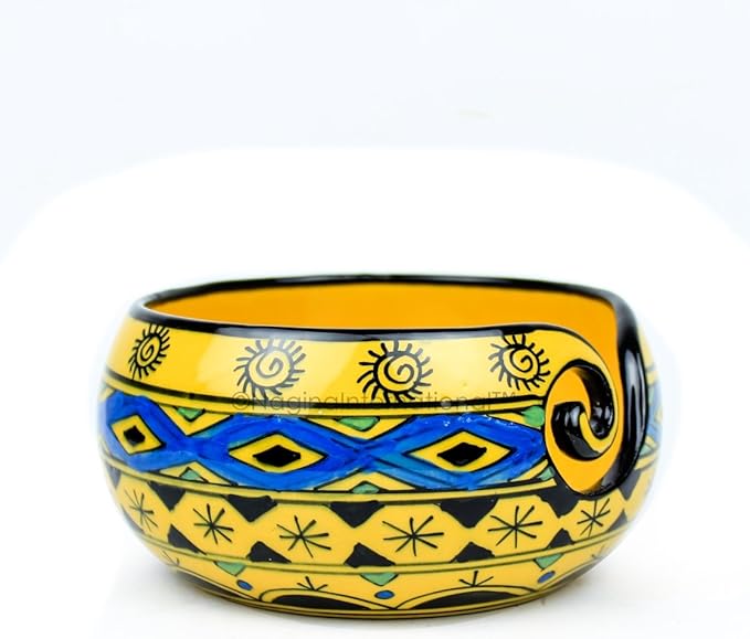 Nagina International Ceramic Attractively Hand Painted Gorgeous Stoneware Yarn Ball Storage Bowl With Innovative Dispensing Curl | Knitting & Crochet Accessions (Medium, Wild Aqua Yellow)